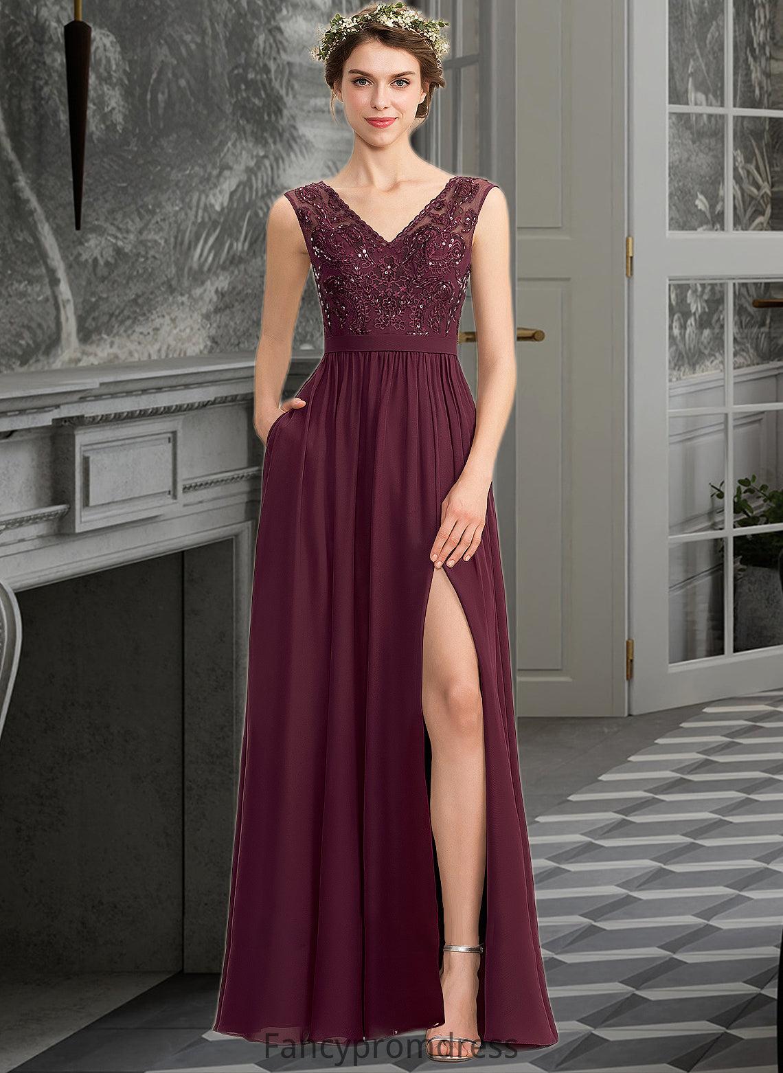 Emery A-Line V-neck Floor-Length Chiffon Lace Bridesmaid Dress With Beading Sequins Split Front Pockets DRP0013168