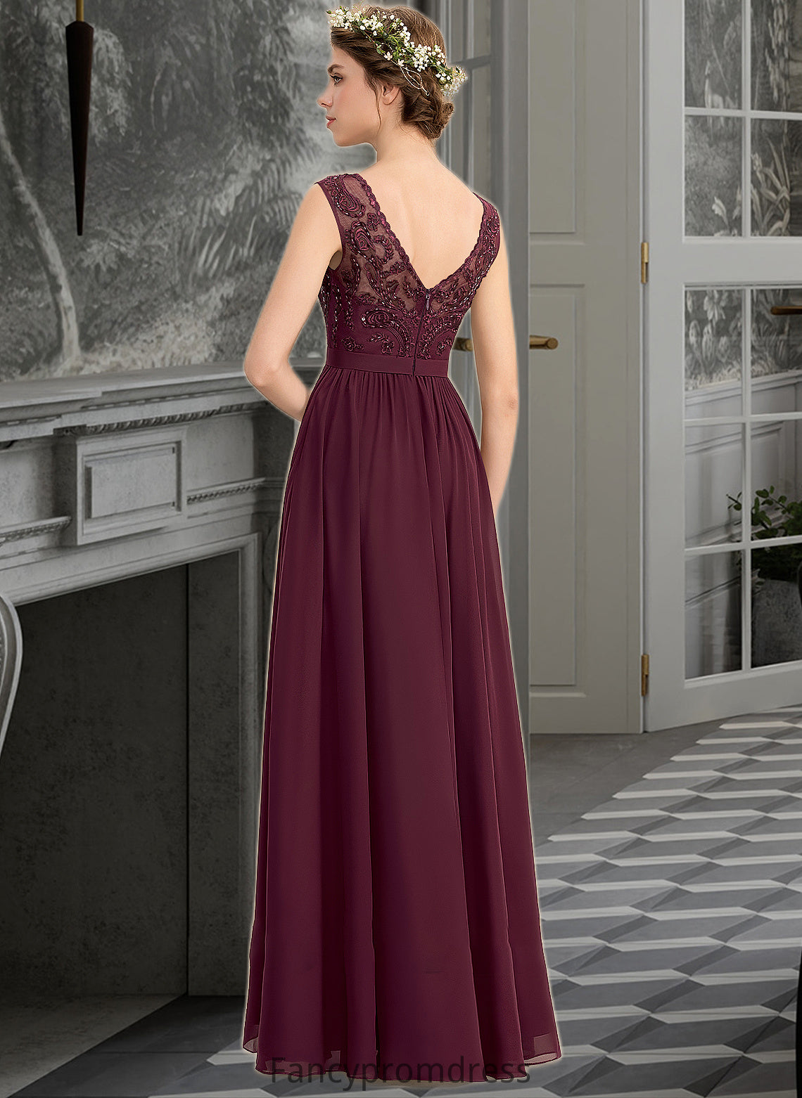 Emery A-Line V-neck Floor-Length Chiffon Lace Bridesmaid Dress With Beading Sequins Split Front Pockets DRP0013168