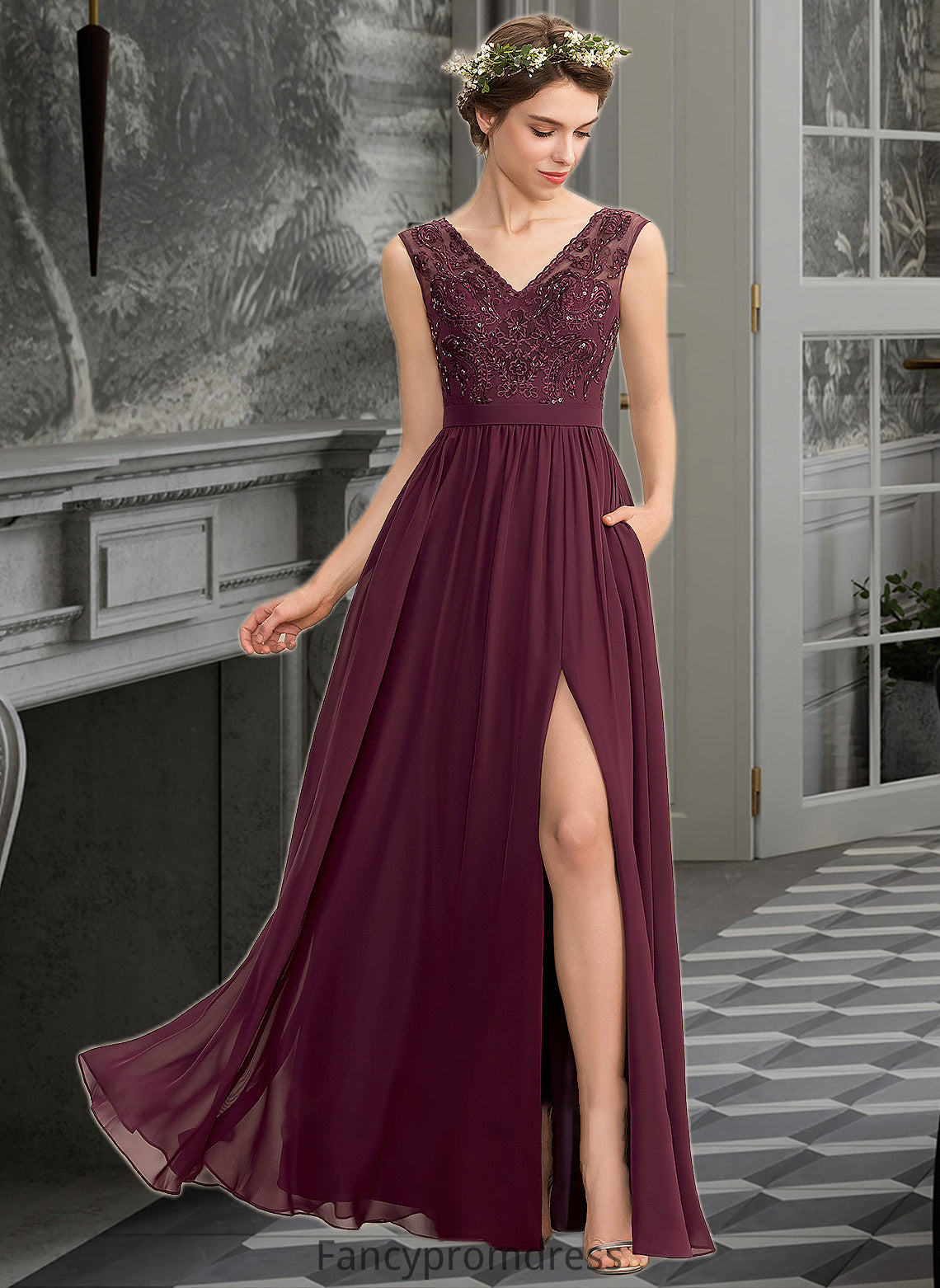 Emery A-Line V-neck Floor-Length Chiffon Lace Bridesmaid Dress With Beading Sequins Split Front Pockets DRP0013168