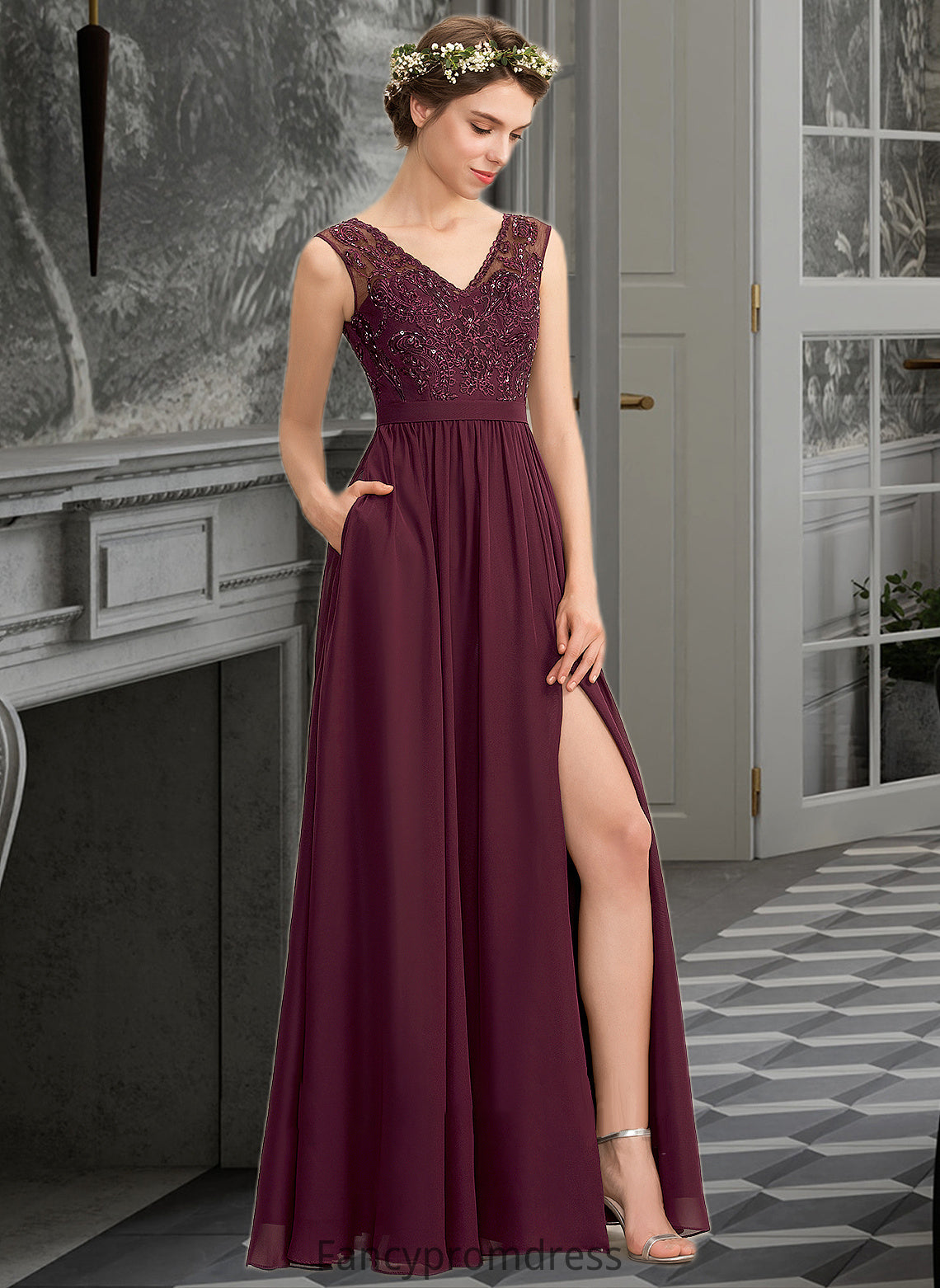 Emery A-Line V-neck Floor-Length Chiffon Lace Bridesmaid Dress With Beading Sequins Split Front Pockets DRP0013168