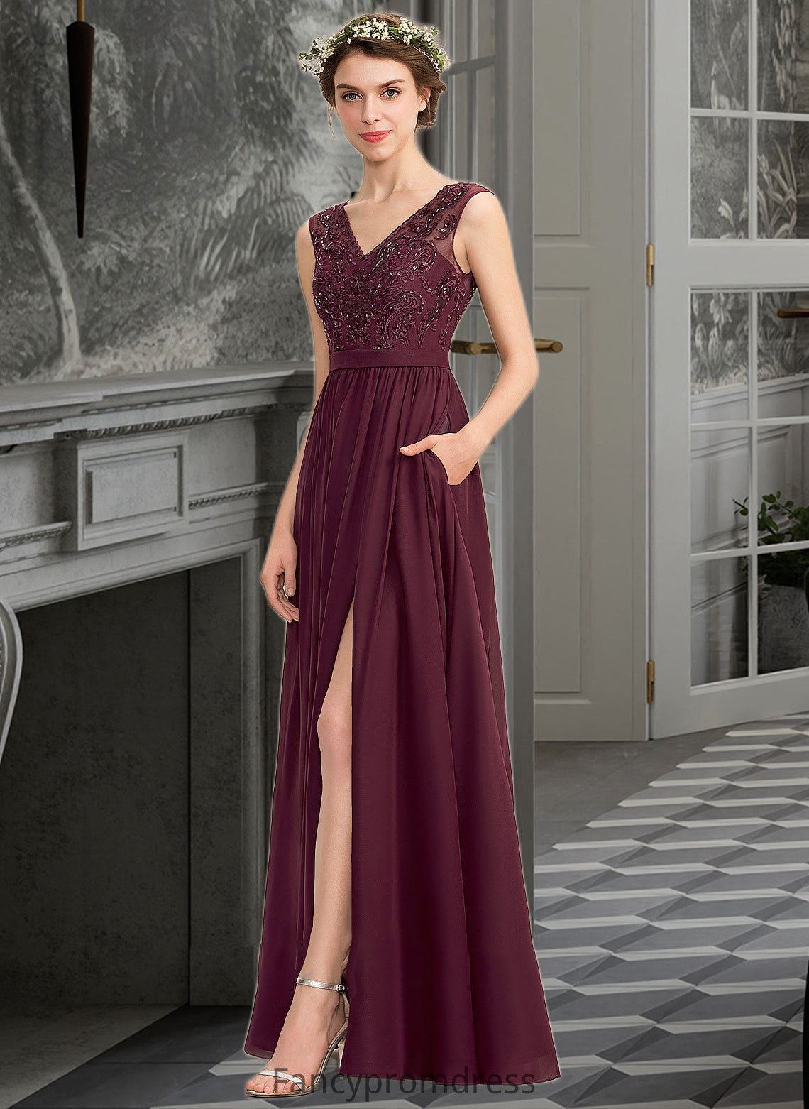 Emery A-Line V-neck Floor-Length Chiffon Lace Bridesmaid Dress With Beading Sequins Split Front Pockets DRP0013168