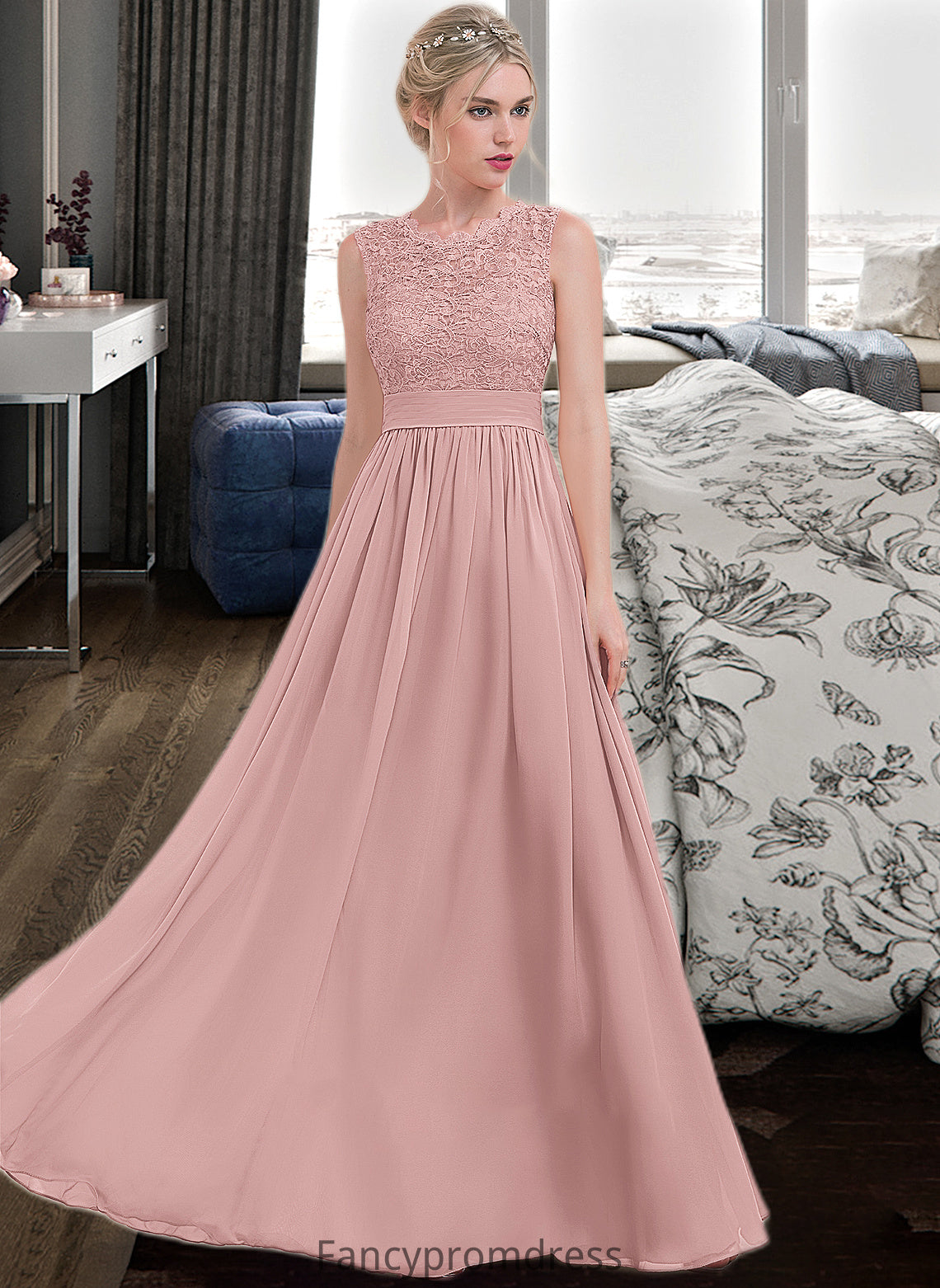 Chana A-Line Scoop Neck Floor-Length Chiffon Lace Bridesmaid Dress With Ruffle DRP0013171