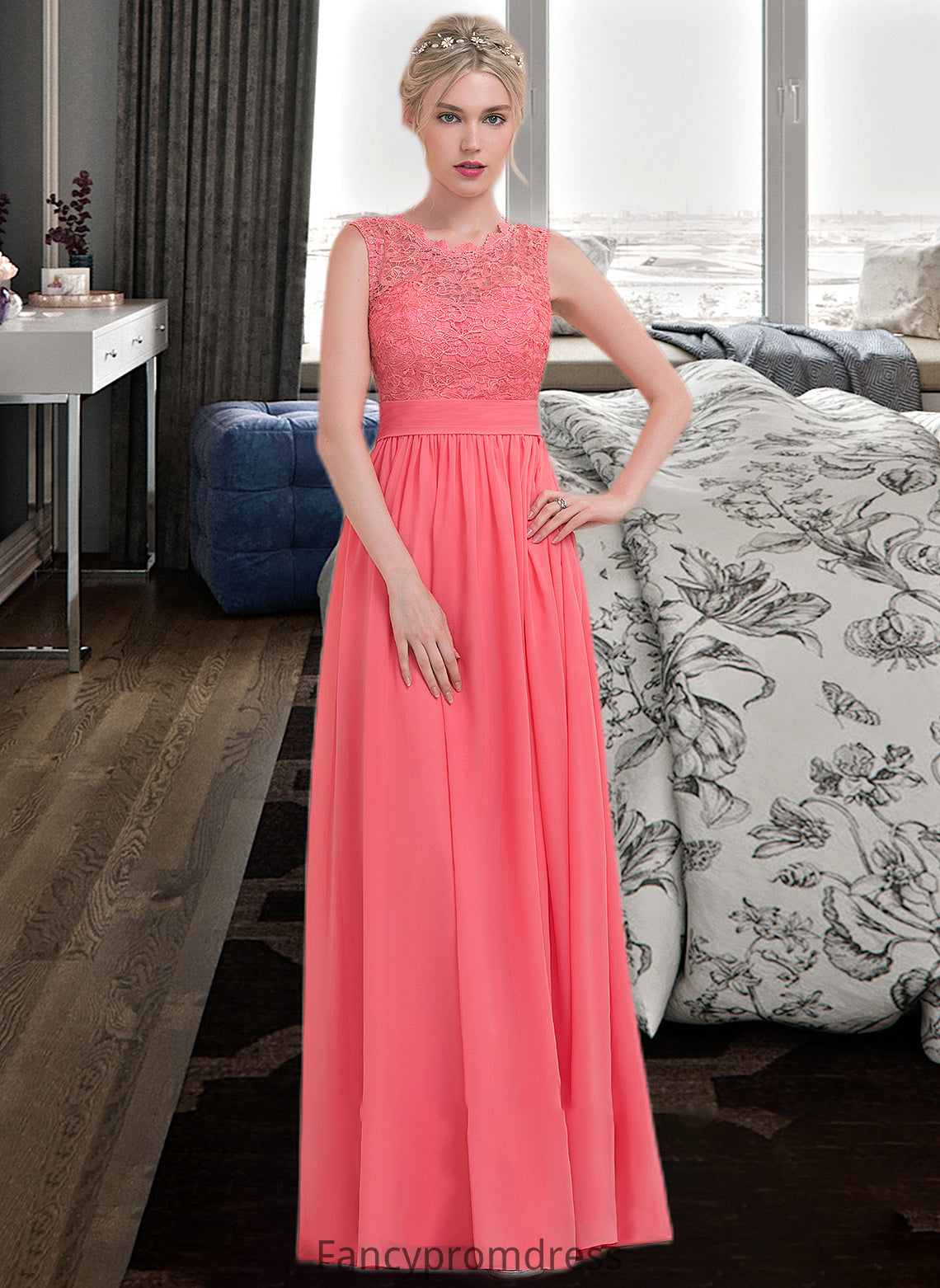 Chana A-Line Scoop Neck Floor-Length Chiffon Lace Bridesmaid Dress With Ruffle DRP0013171