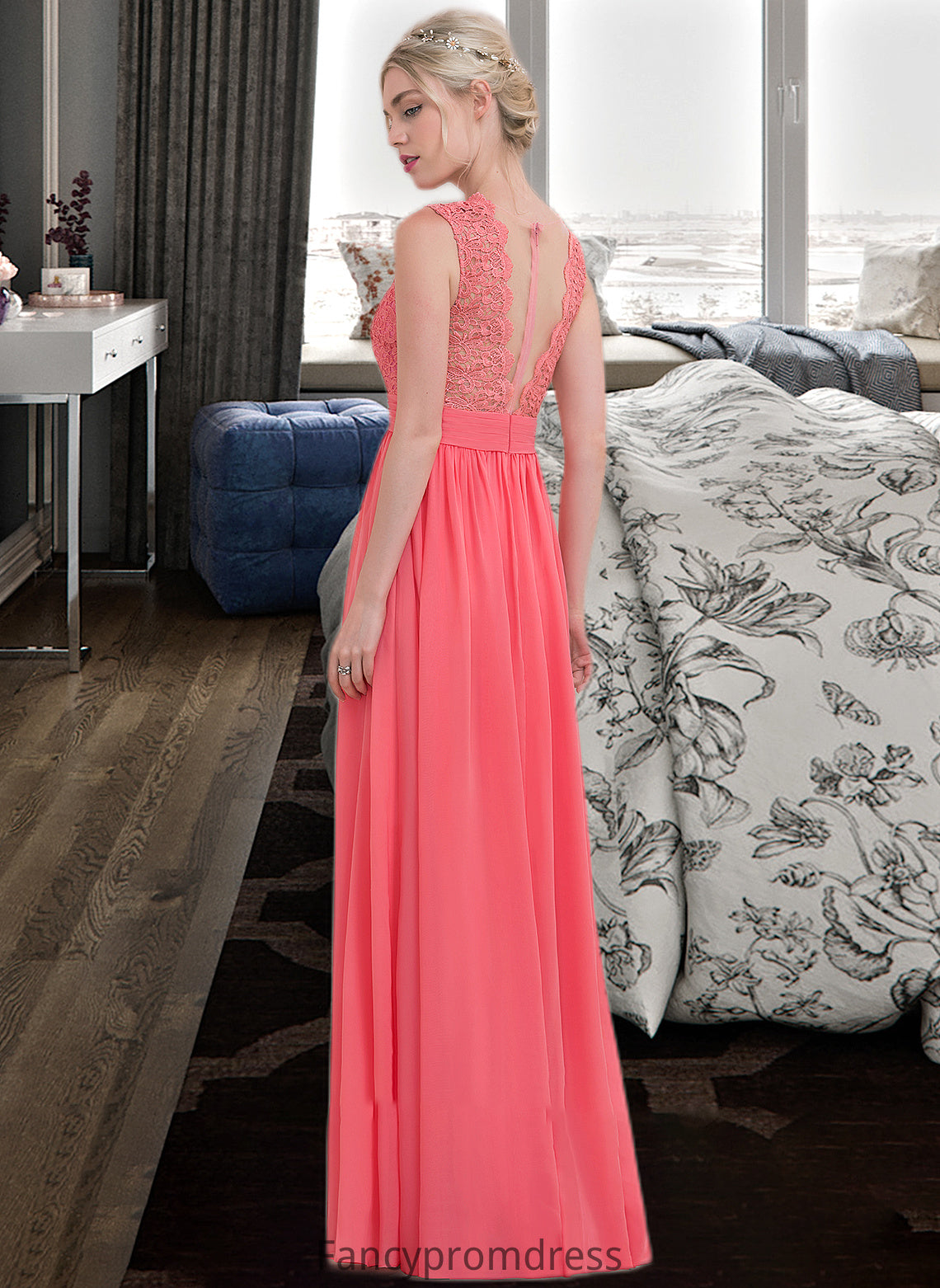 Chana A-Line Scoop Neck Floor-Length Chiffon Lace Bridesmaid Dress With Ruffle DRP0013171