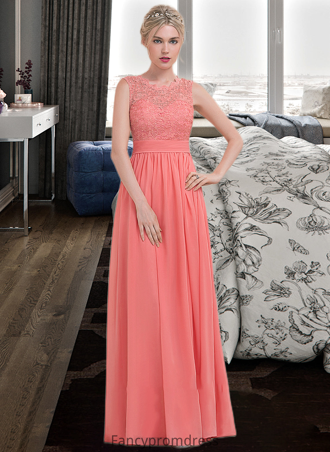 Chana A-Line Scoop Neck Floor-Length Chiffon Lace Bridesmaid Dress With Ruffle DRP0013171