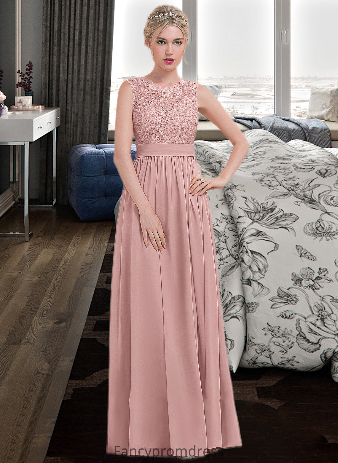 Chana A-Line Scoop Neck Floor-Length Chiffon Lace Bridesmaid Dress With Ruffle DRP0013171