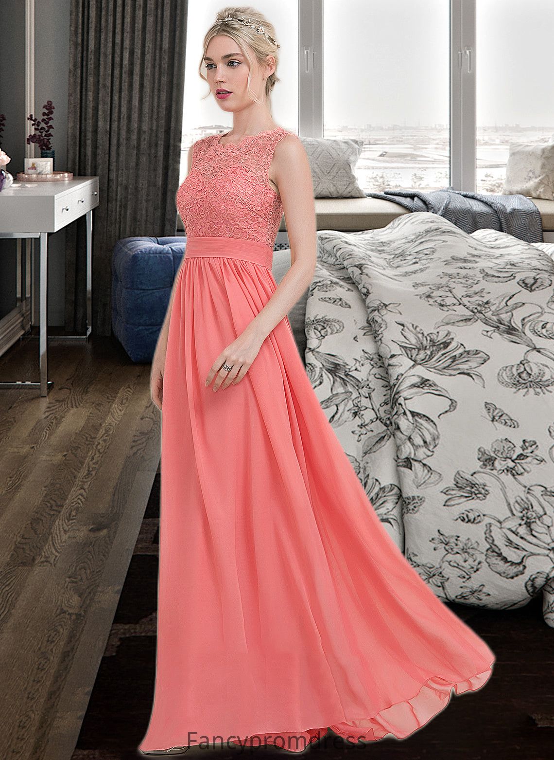 Chana A-Line Scoop Neck Floor-Length Chiffon Lace Bridesmaid Dress With Ruffle DRP0013171