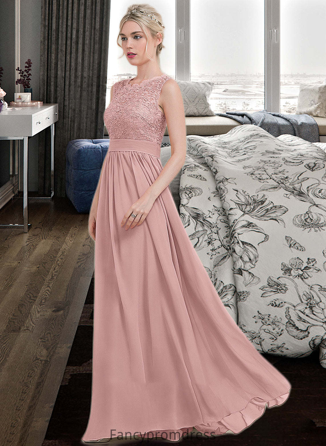 Chana A-Line Scoop Neck Floor-Length Chiffon Lace Bridesmaid Dress With Ruffle DRP0013171