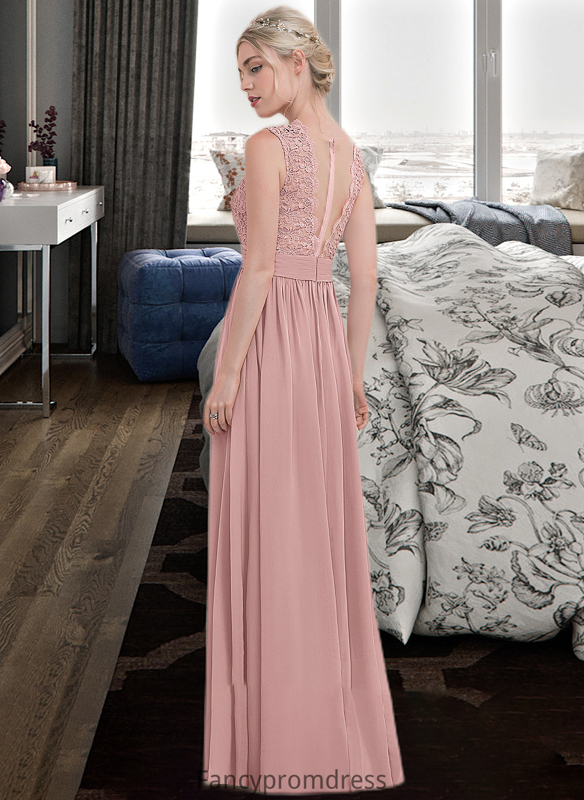 Chana A-Line Scoop Neck Floor-Length Chiffon Lace Bridesmaid Dress With Ruffle DRP0013171