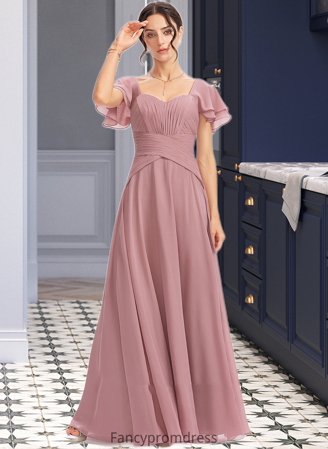 Joanna A-Line Square Neckline Floor-Length Bridesmaid Dress With Ruffle Cascading Ruffles DRP0013172