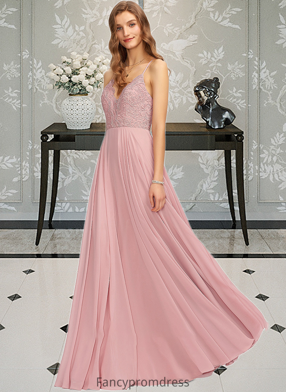 Karla A-Line V-neck Floor-Length Chiffon Bridesmaid Dress DRP0013173