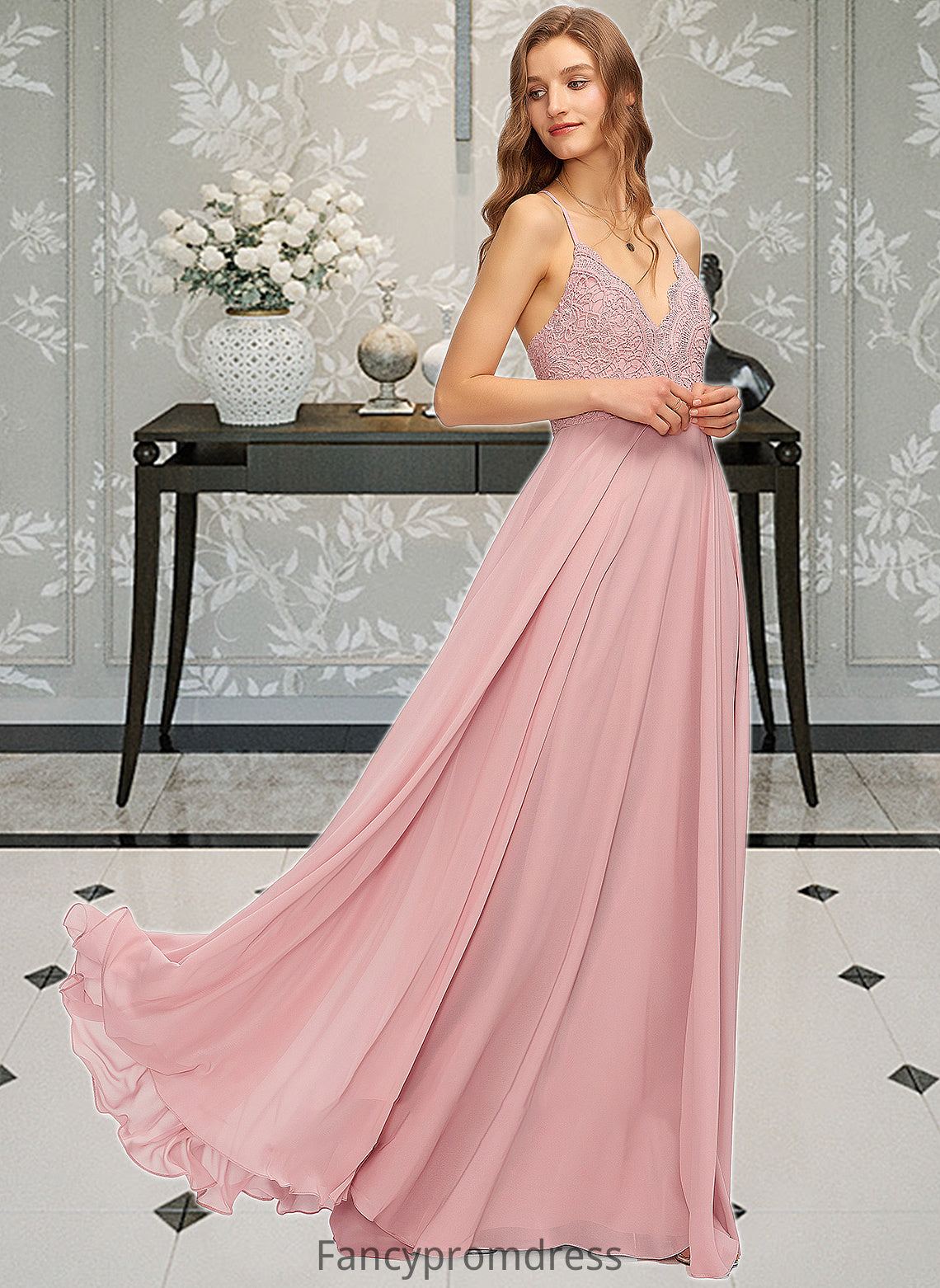 Karla A-Line V-neck Floor-Length Chiffon Bridesmaid Dress DRP0013173