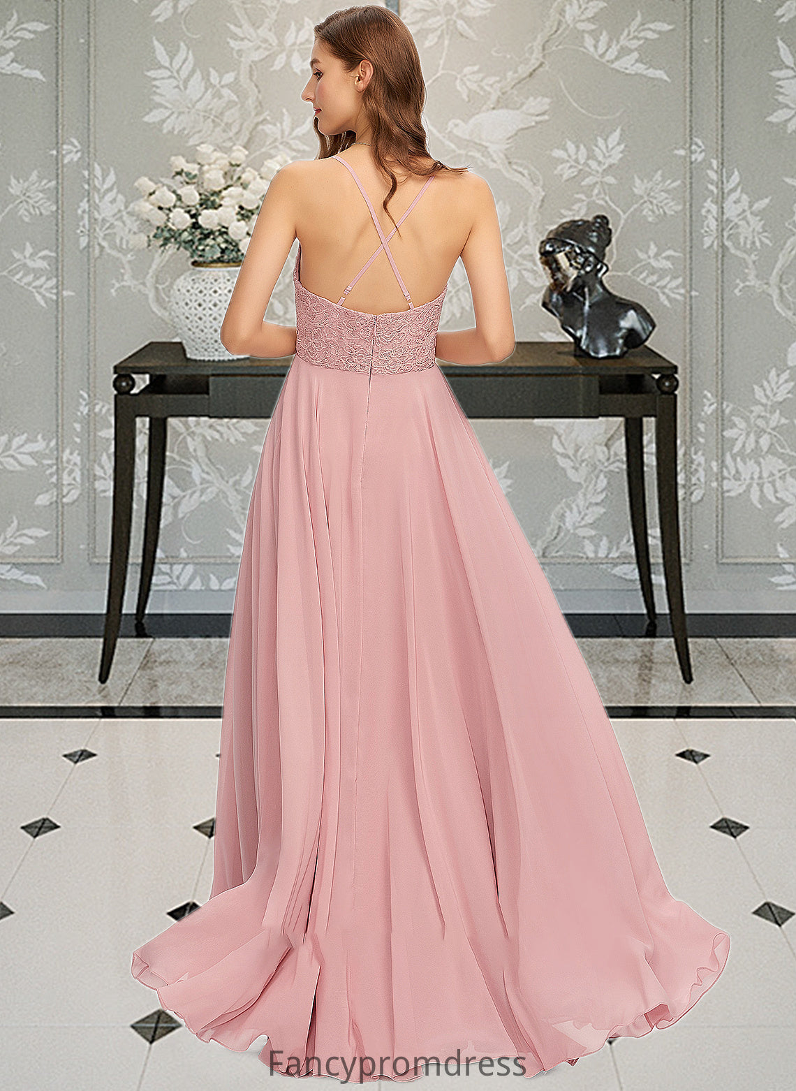 Karla A-Line V-neck Floor-Length Chiffon Bridesmaid Dress DRP0013173