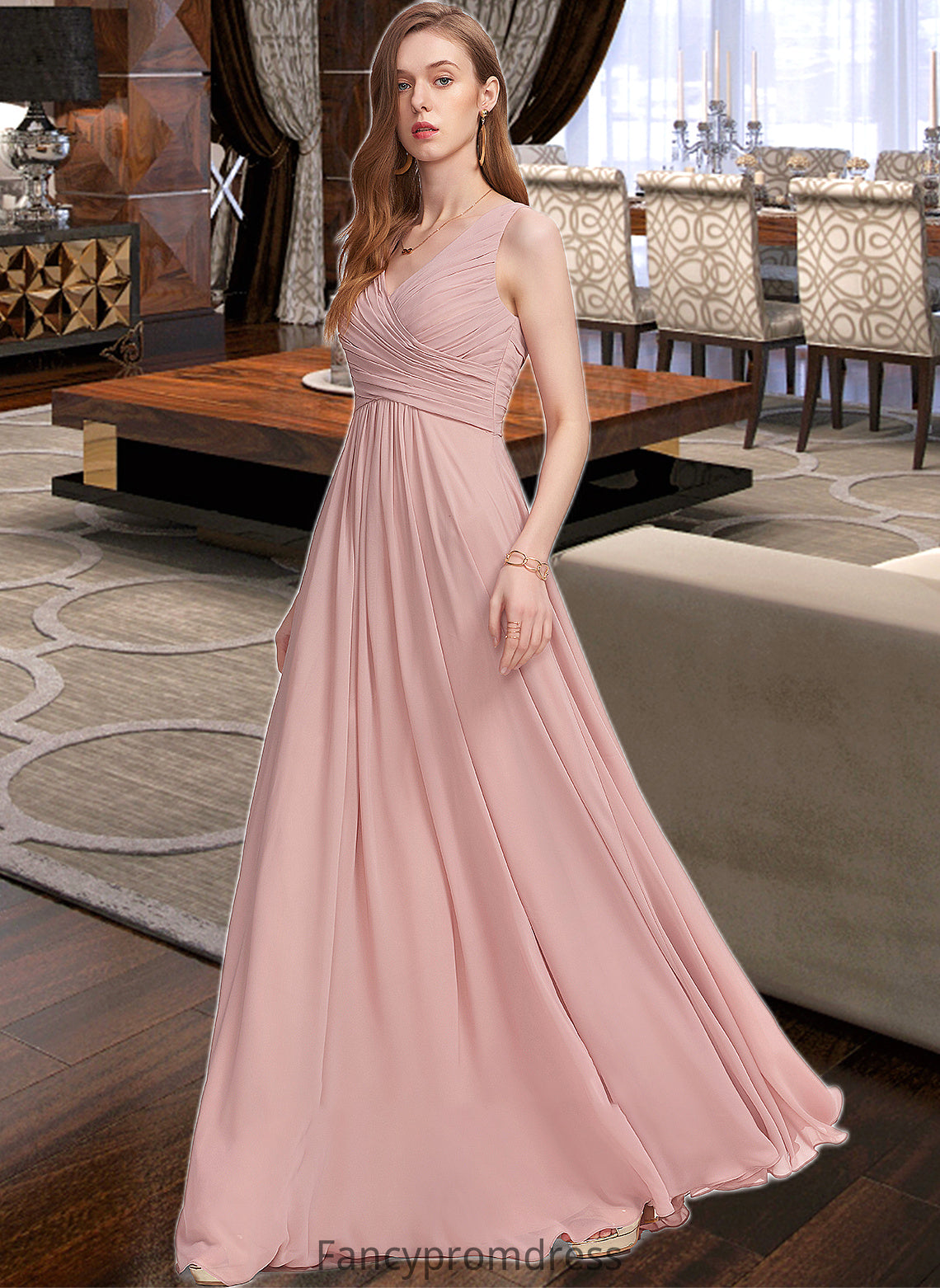 Paris A-Line V-neck Floor-Length Chiffon Bridesmaid Dress With Ruffle DRP0013174