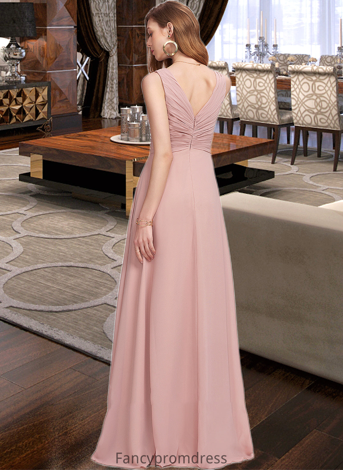 Paris A-Line V-neck Floor-Length Chiffon Bridesmaid Dress With Ruffle DRP0013174