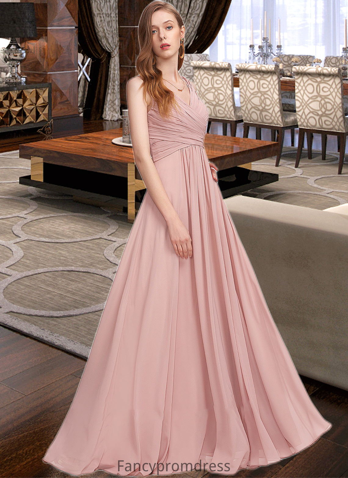 Paris A-Line V-neck Floor-Length Chiffon Bridesmaid Dress With Ruffle DRP0013174