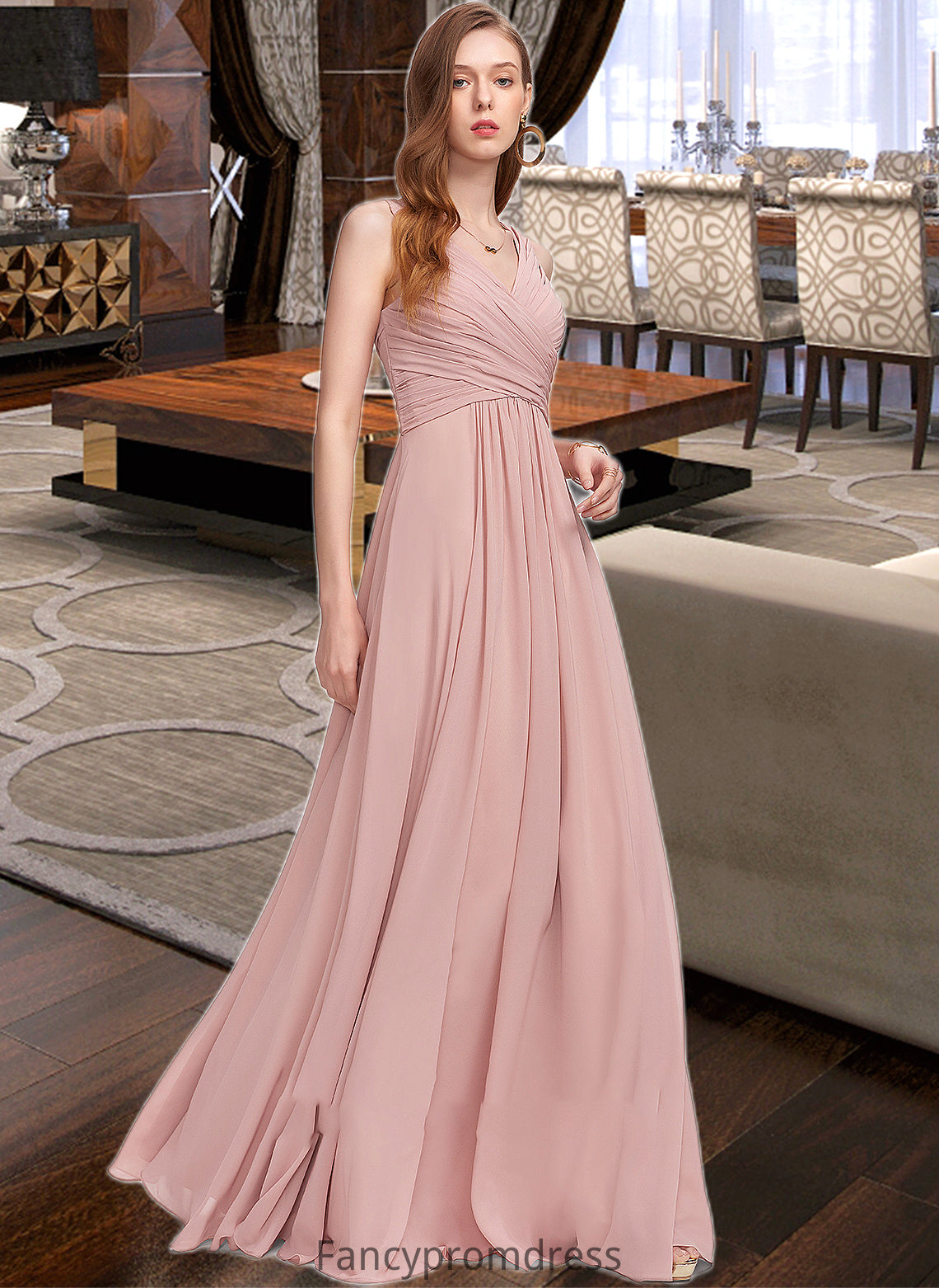 Paris A-Line V-neck Floor-Length Chiffon Bridesmaid Dress With Ruffle DRP0013174