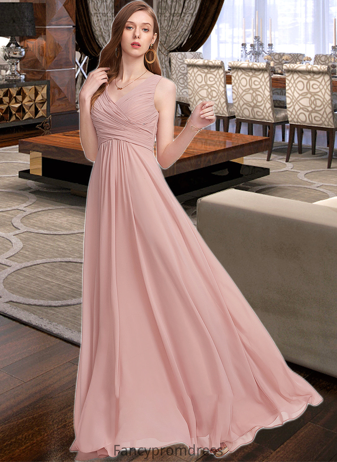 Paris A-Line V-neck Floor-Length Chiffon Bridesmaid Dress With Ruffle DRP0013174