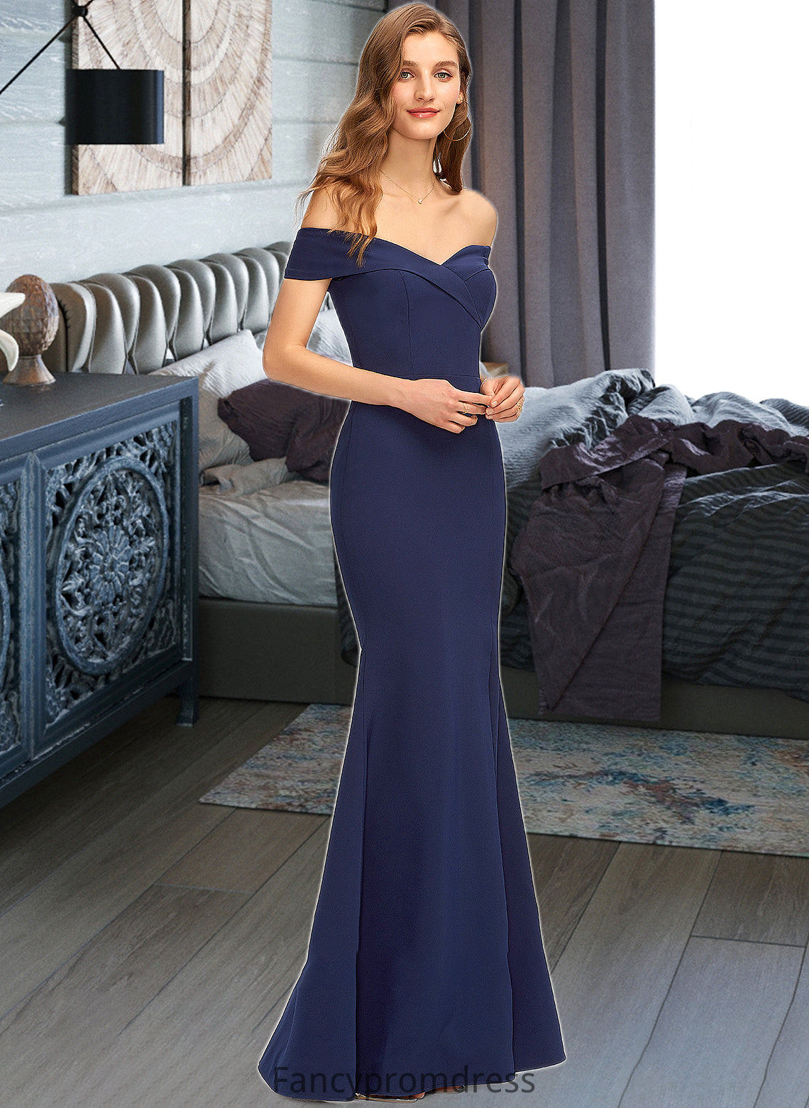 Tatum Trumpet/Mermaid Off-the-Shoulder Floor-Length Stretch Crepe Bridesmaid Dress With Split Front DRP0013175