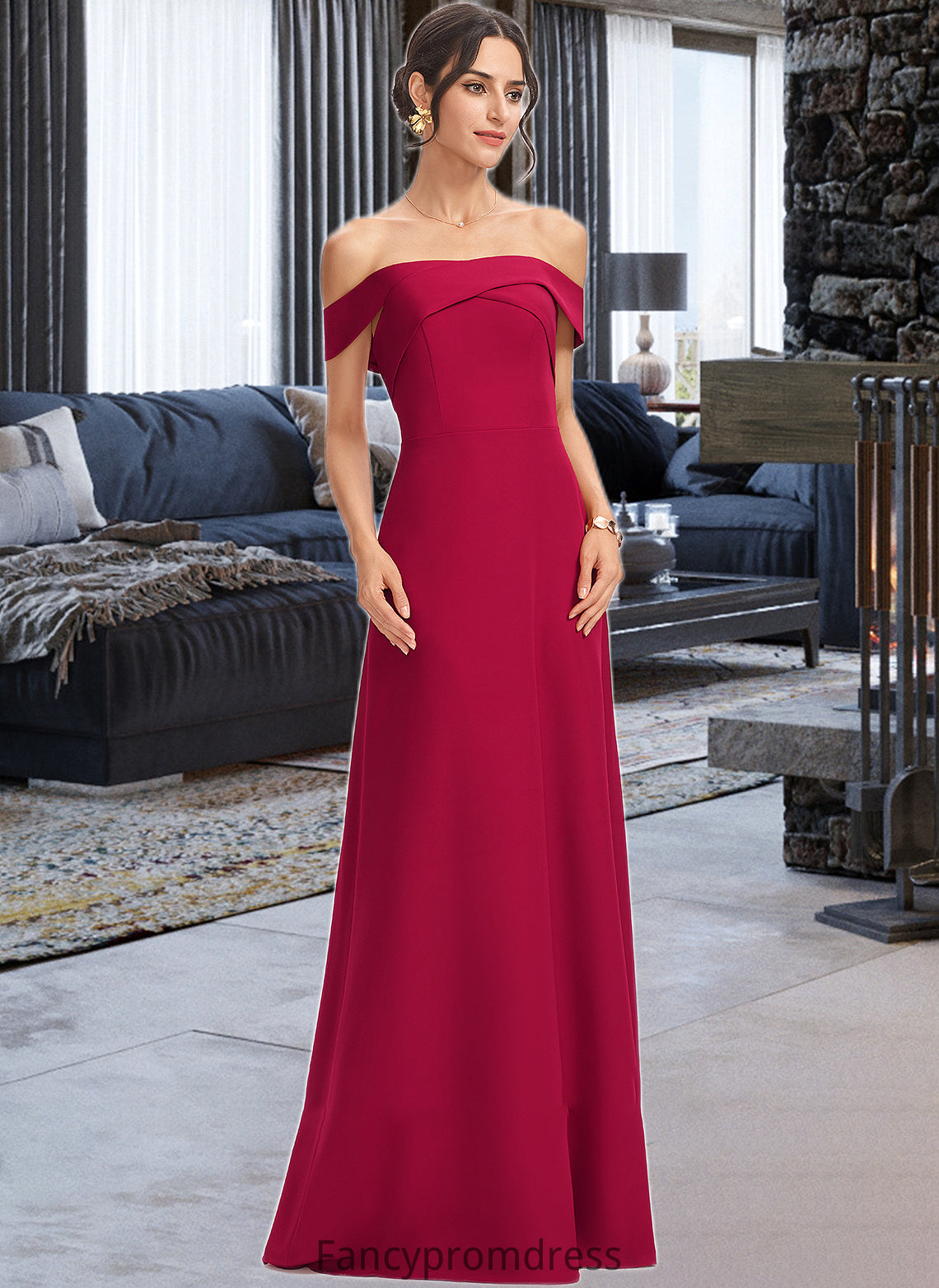 Cecilia Sheath/Column Off-the-Shoulder Floor-Length Bridesmaid Dress With Ruffle DRP0013177