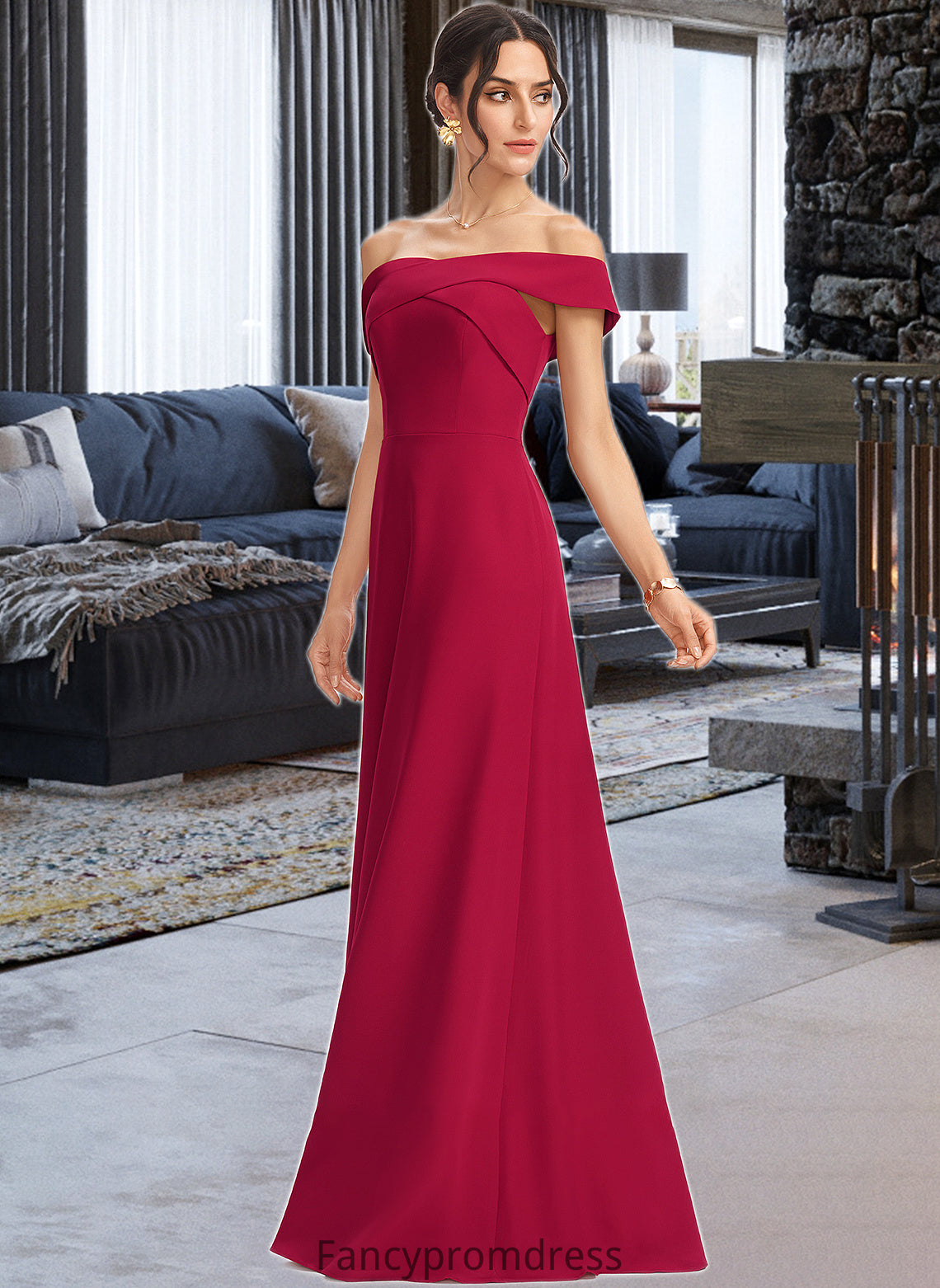 Cecilia Sheath/Column Off-the-Shoulder Floor-Length Bridesmaid Dress With Ruffle DRP0013177