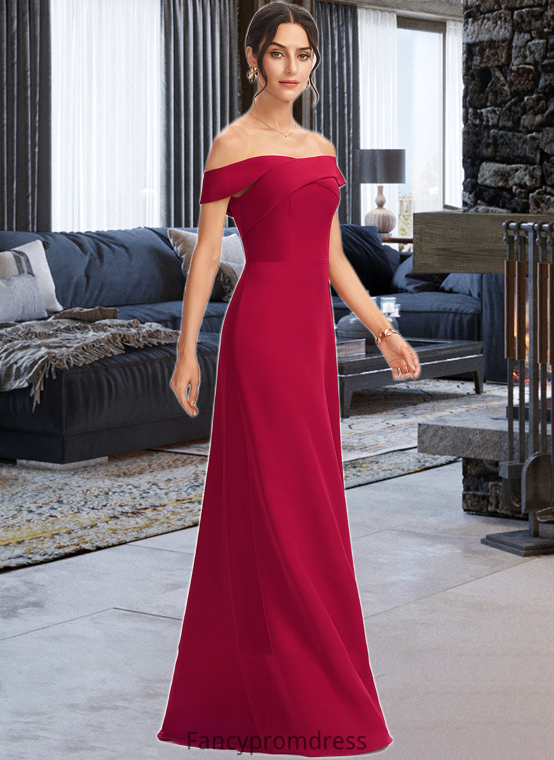 Cecilia Sheath/Column Off-the-Shoulder Floor-Length Bridesmaid Dress With Ruffle DRP0013177