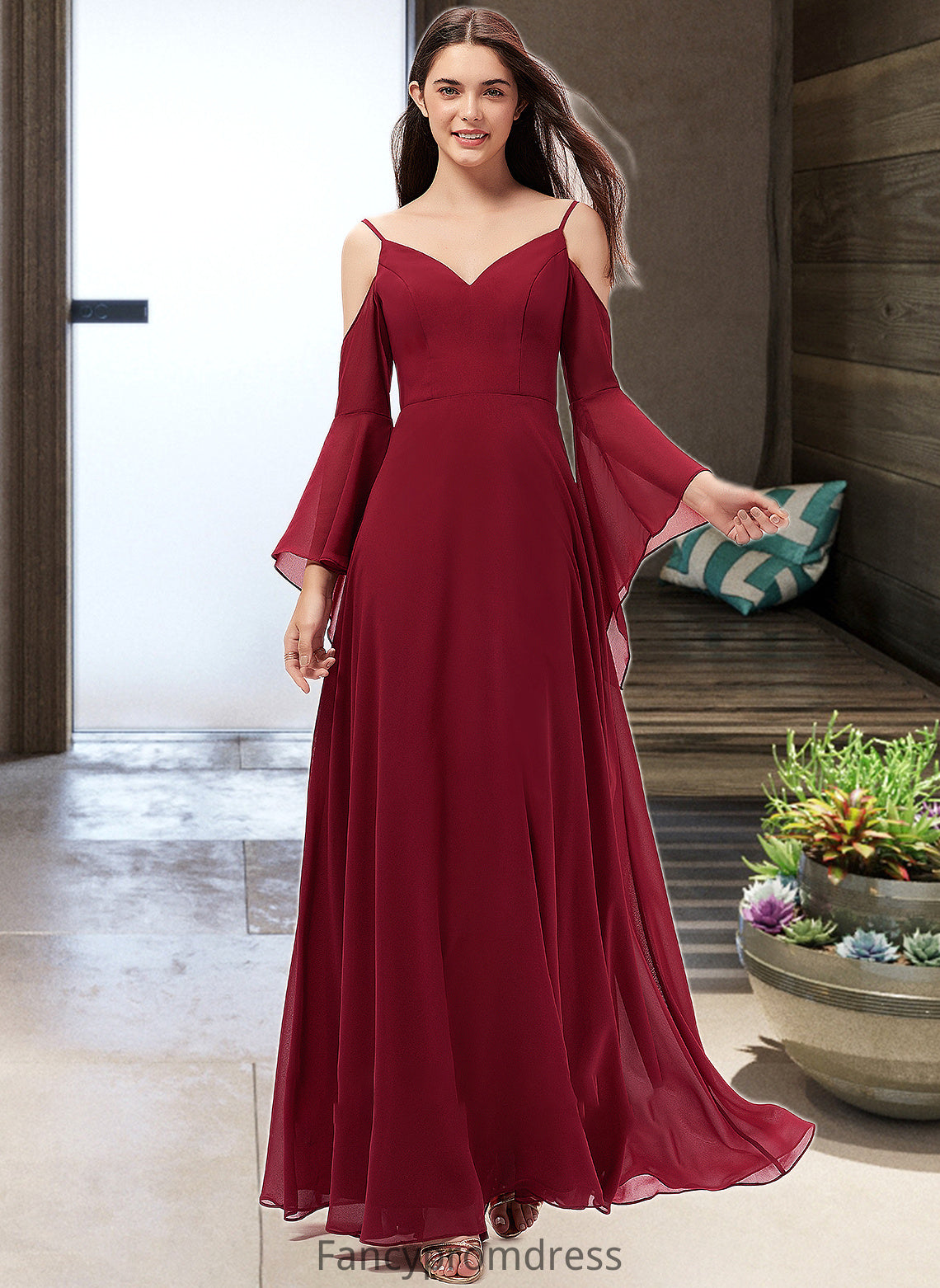 Aurora A-line V-Neck Floor-Length Chiffon Bridesmaid Dress DRP0013178