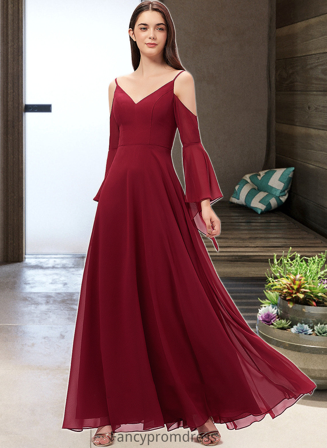 Aurora A-line V-Neck Floor-Length Chiffon Bridesmaid Dress DRP0013178