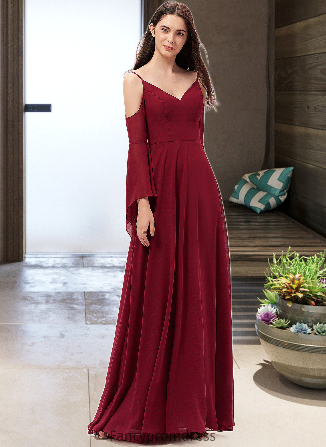 Aurora A-line V-Neck Floor-Length Chiffon Bridesmaid Dress DRP0013178