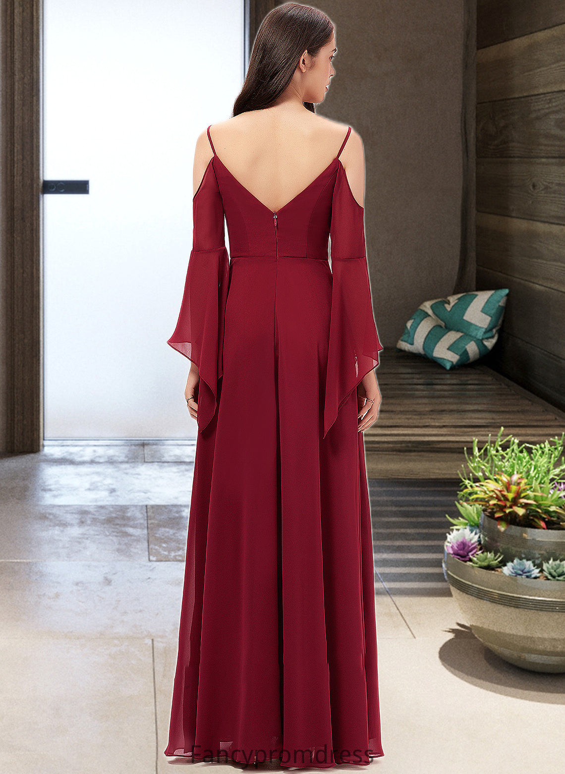 Aurora A-line V-Neck Floor-Length Chiffon Bridesmaid Dress DRP0013178