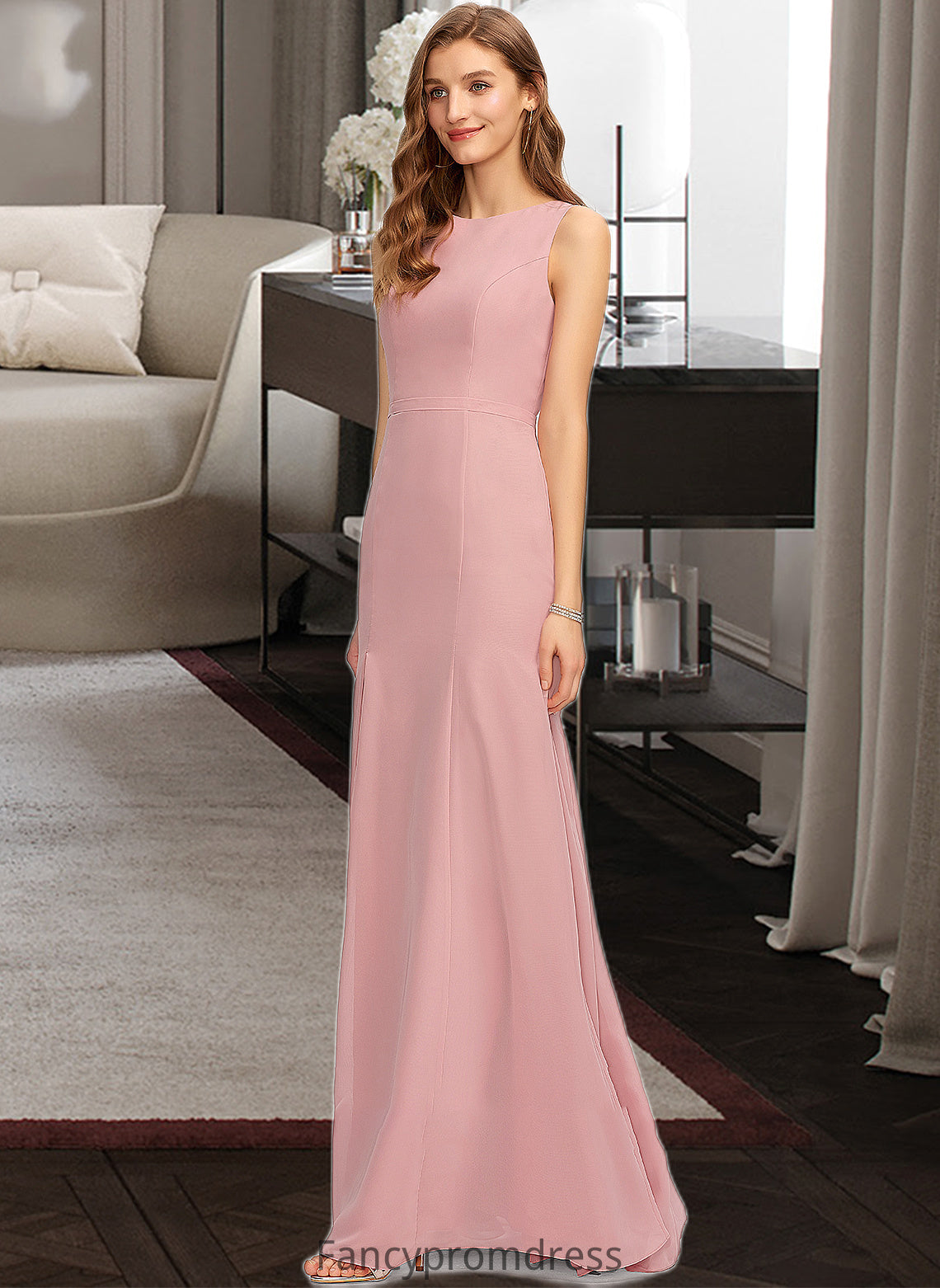 Isabella Sheath/Column Scoop Neck Floor-Length Chiffon Bridesmaid Dress With Split Front DRP0013179