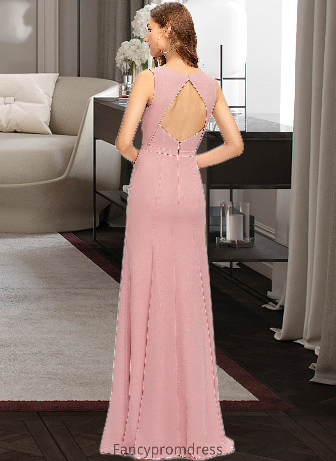 Isabella Sheath/Column Scoop Neck Floor-Length Chiffon Bridesmaid Dress With Split Front DRP0013179