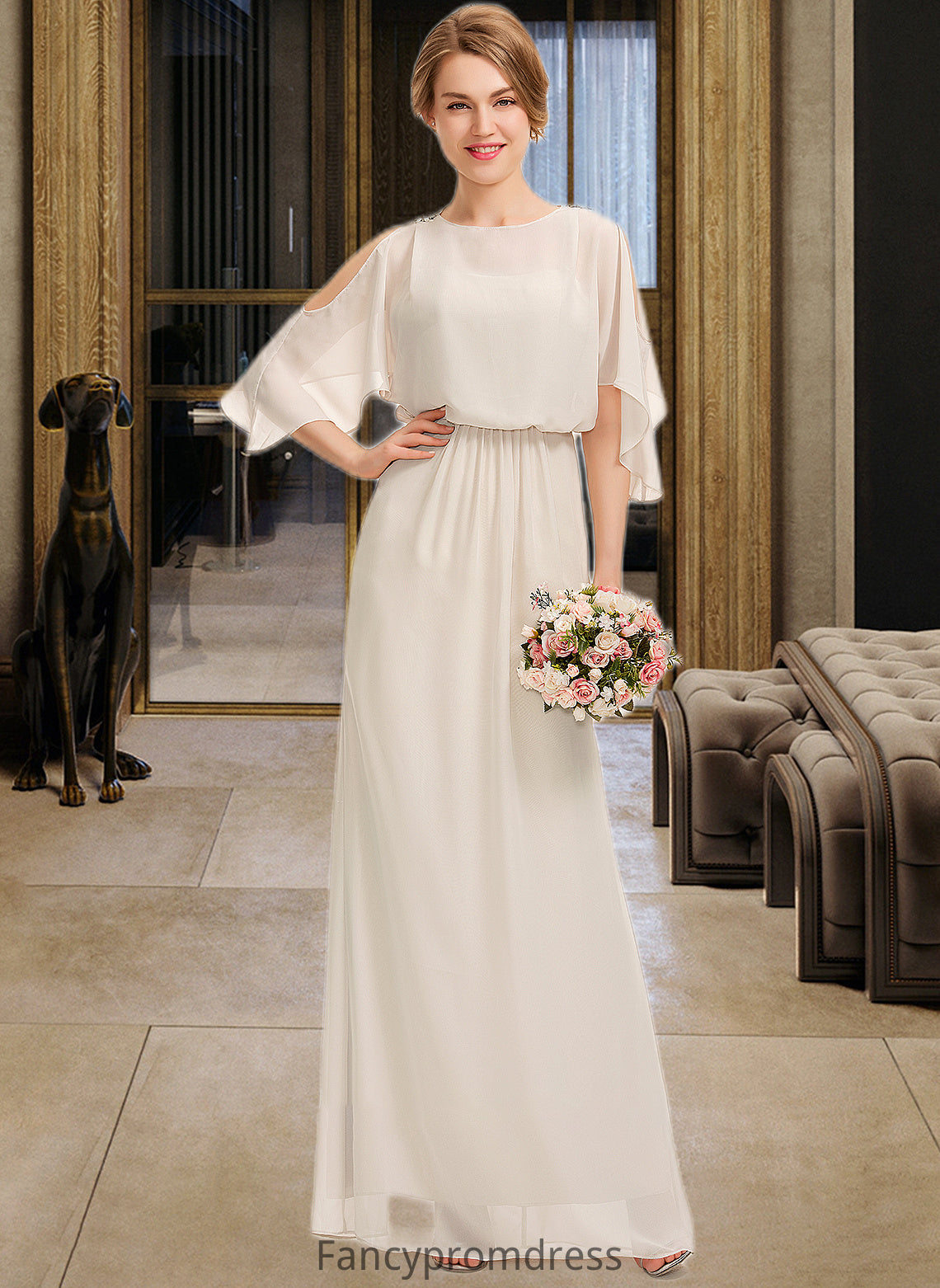 Marlee Sheath/Column Scoop Neck Floor-Length Chiffon Bridesmaid Dress With Cascading Ruffles DRP0013180