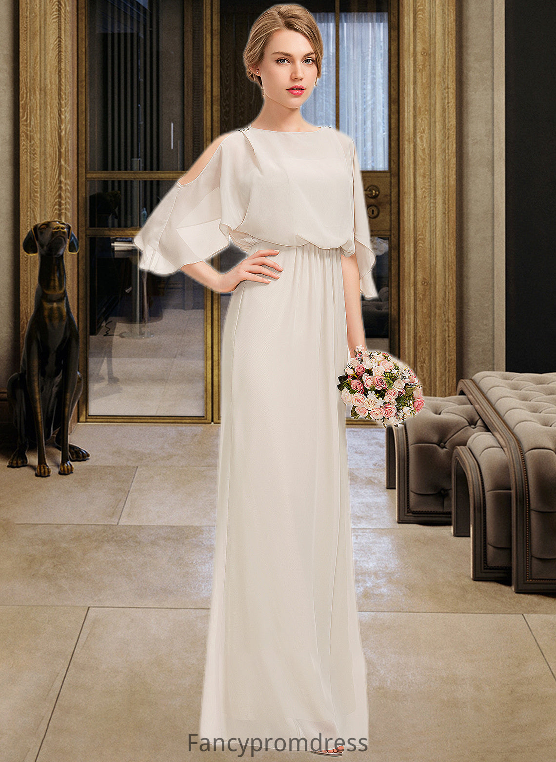 Marlee Sheath/Column Scoop Neck Floor-Length Chiffon Bridesmaid Dress With Cascading Ruffles DRP0013180