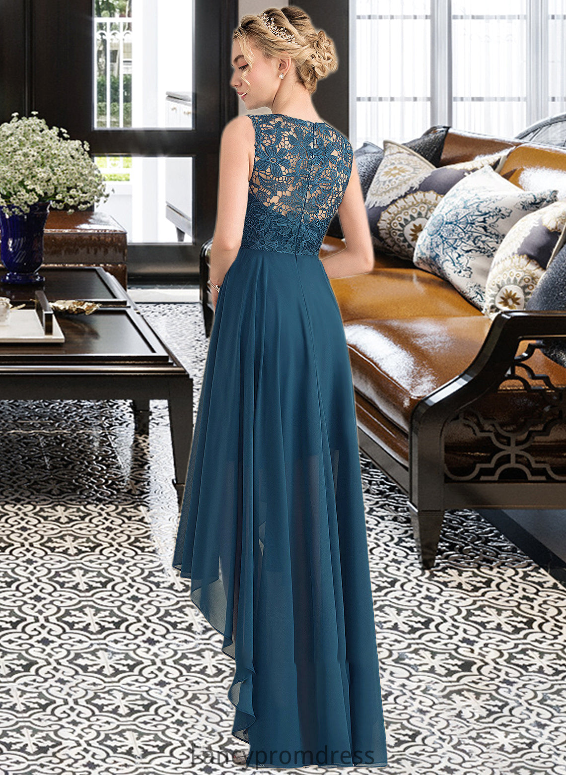 Everleigh A-Line Scoop Neck Asymmetrical Chiffon Lace Bridesmaid Dress DRP0013182