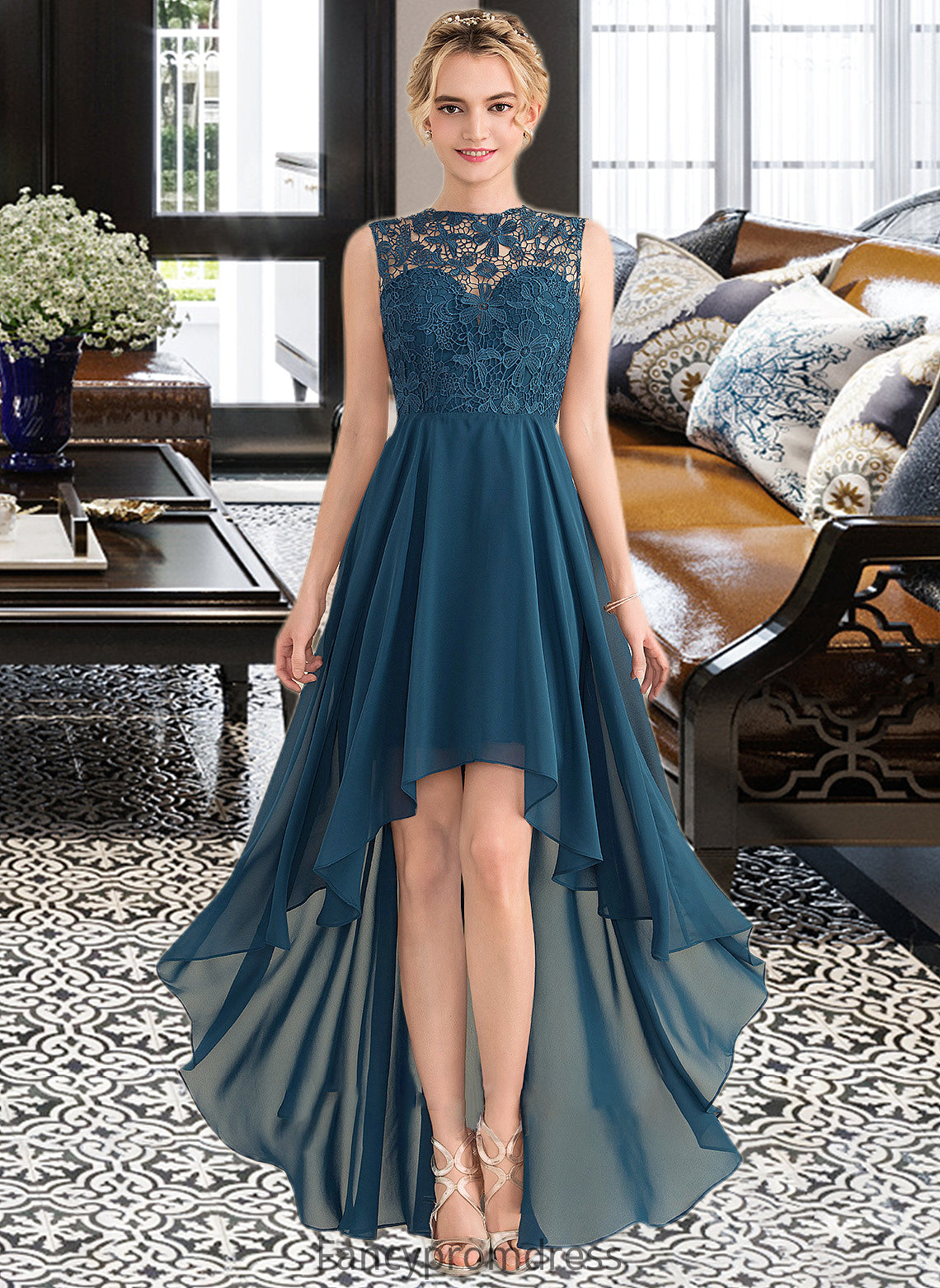 Everleigh A-Line Scoop Neck Asymmetrical Chiffon Lace Bridesmaid Dress DRP0013182