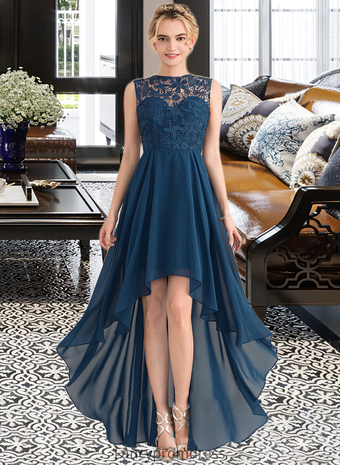 Everleigh A-Line Scoop Neck Asymmetrical Chiffon Lace Bridesmaid Dress DRP0013182