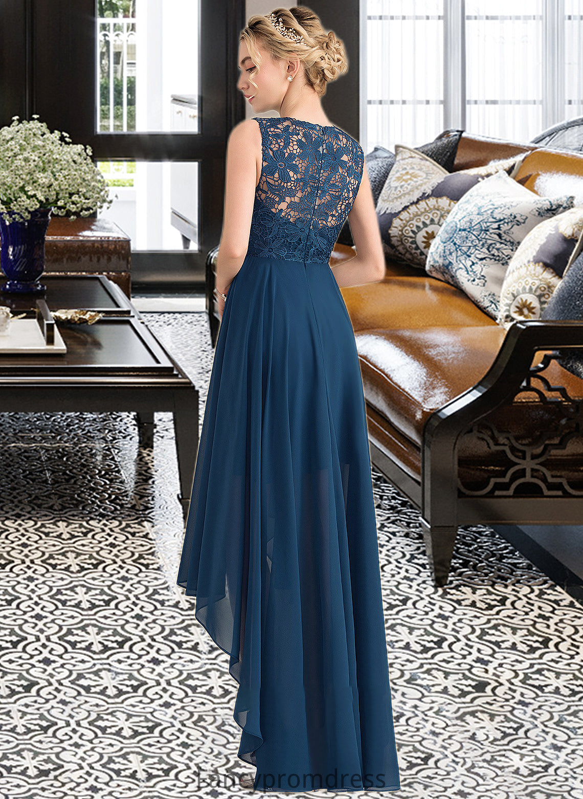 Everleigh A-Line Scoop Neck Asymmetrical Chiffon Lace Bridesmaid Dress DRP0013182