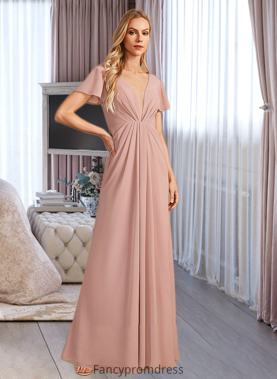 Sharon A-Line V-neck Floor-Length Bridesmaid Dress With Ruffle DRP0013183