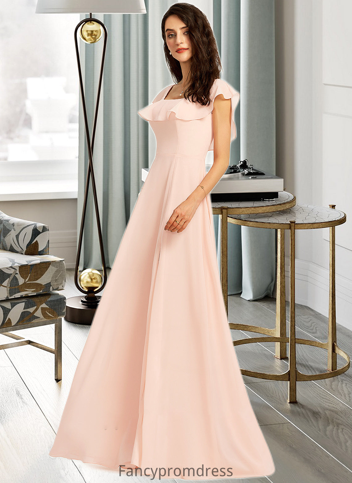 Finley A-Line Square Neckline Floor-Length Bridesmaid Dress With Split Front DRP0013186