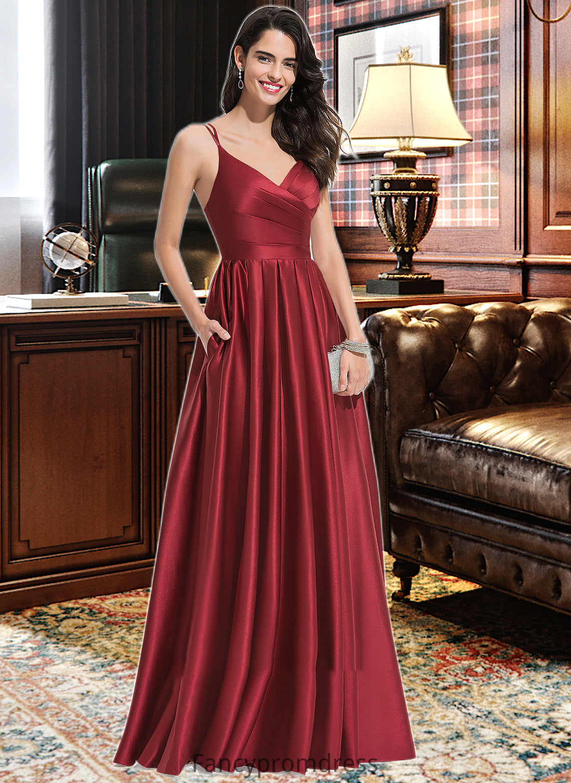 Nicole A-Line V-neck Floor-Length Satin Bridesmaid Dress With Ruffle Pockets DRP0013187