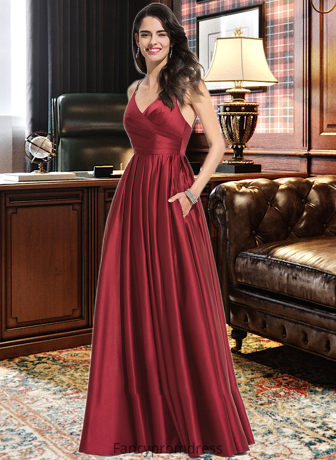 Nicole A-Line V-neck Floor-Length Satin Bridesmaid Dress With Ruffle Pockets DRP0013187