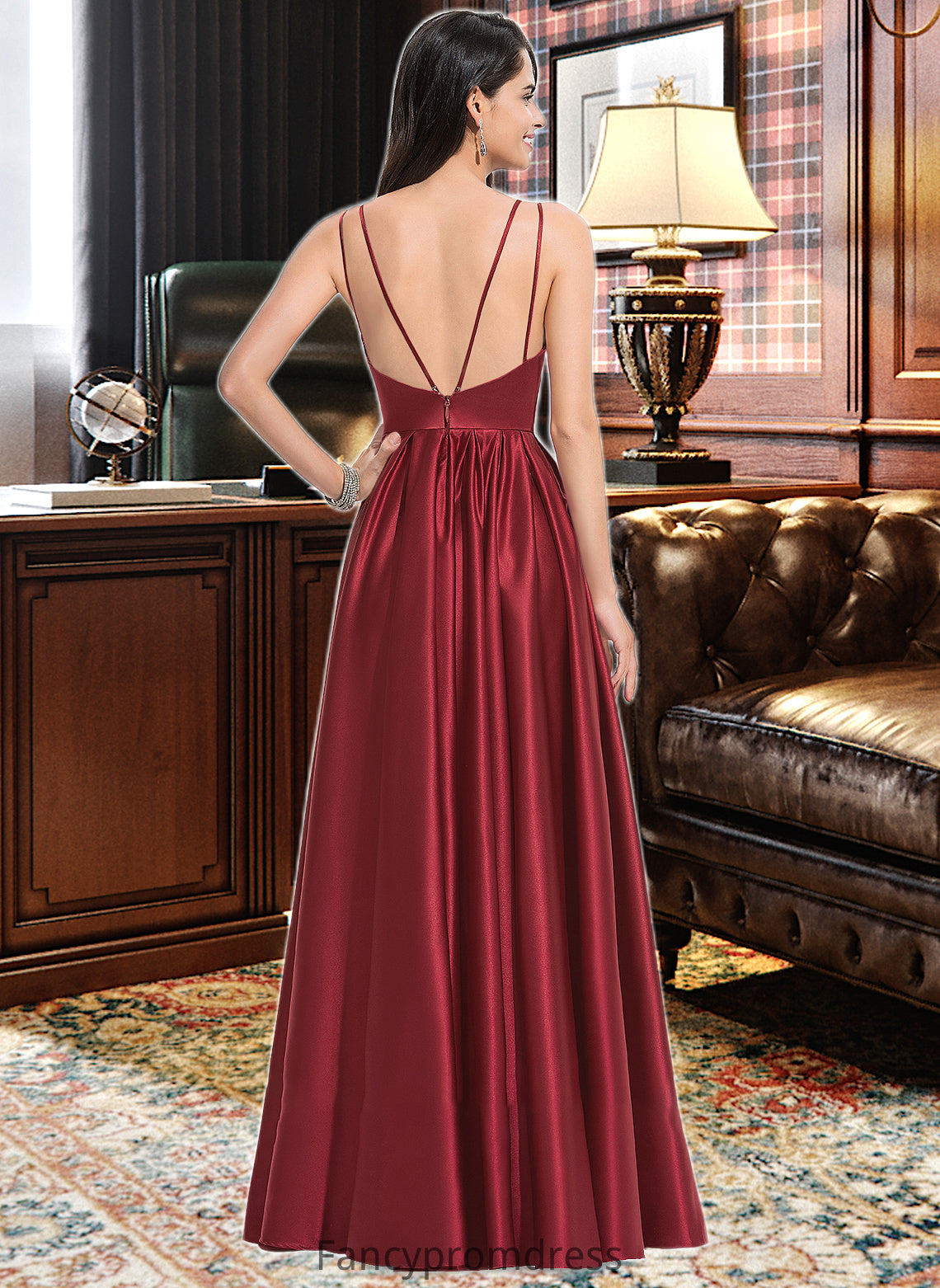 Nicole A-Line V-neck Floor-Length Satin Bridesmaid Dress With Ruffle Pockets DRP0013187