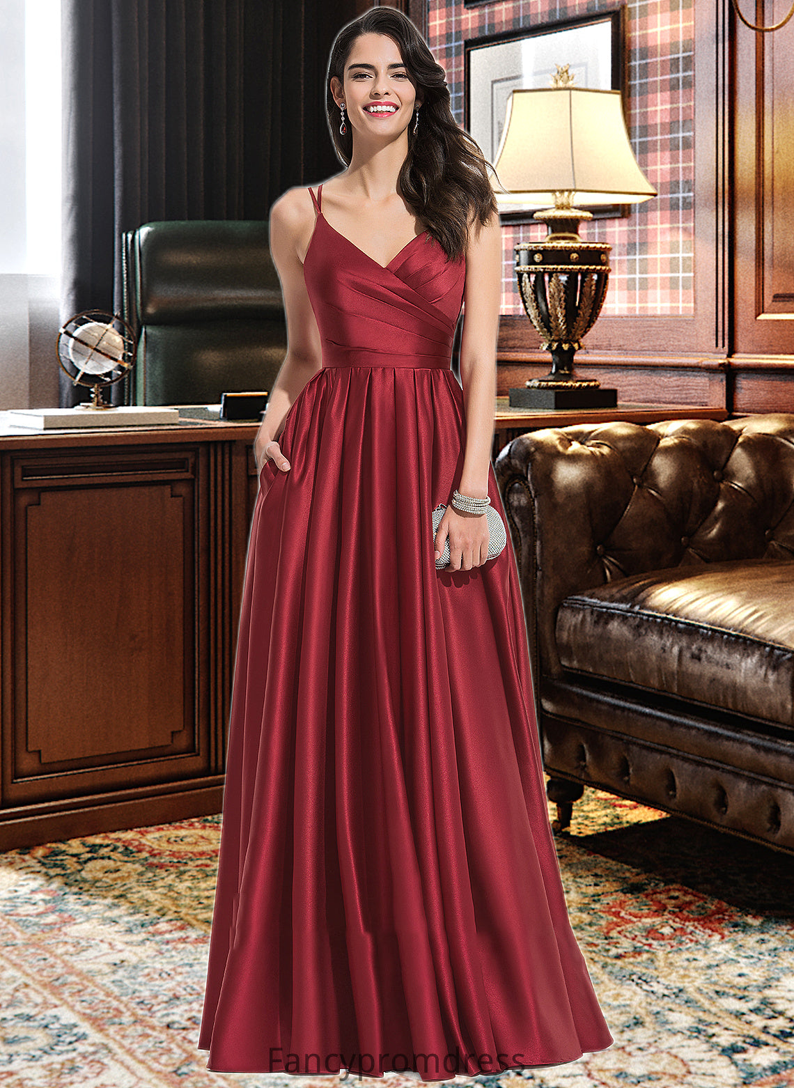 Nicole A-Line V-neck Floor-Length Satin Bridesmaid Dress With Ruffle Pockets DRP0013187