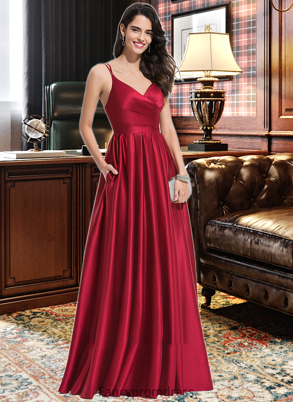 Nicole A-Line V-neck Floor-Length Satin Bridesmaid Dress With Ruffle Pockets DRP0013187