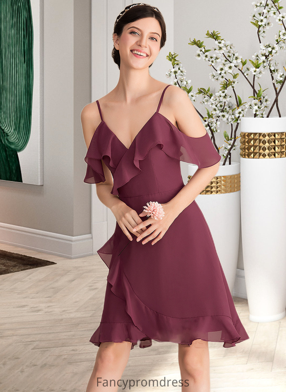 Campbell A-Line V-neck Knee-Length Chiffon Bridesmaid Dress With Cascading Ruffles DRP0013188