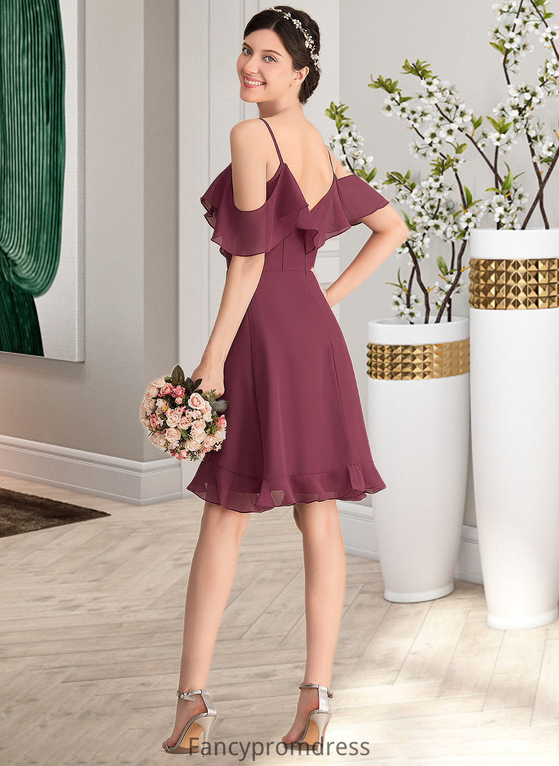 Campbell A-Line V-neck Knee-Length Chiffon Bridesmaid Dress With Cascading Ruffles DRP0013188