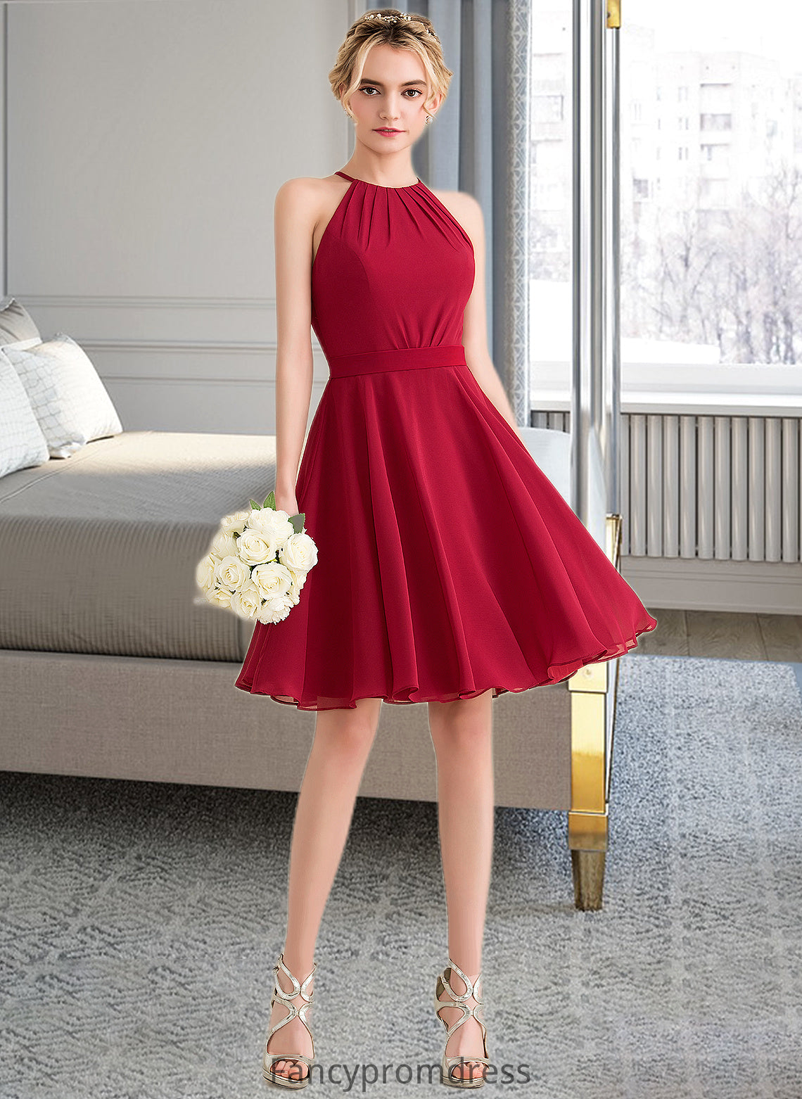 Sariah A-Line Scoop Neck Knee-Length Chiffon Bridesmaid Dress With Ruffle Bow(s) DRP0013189