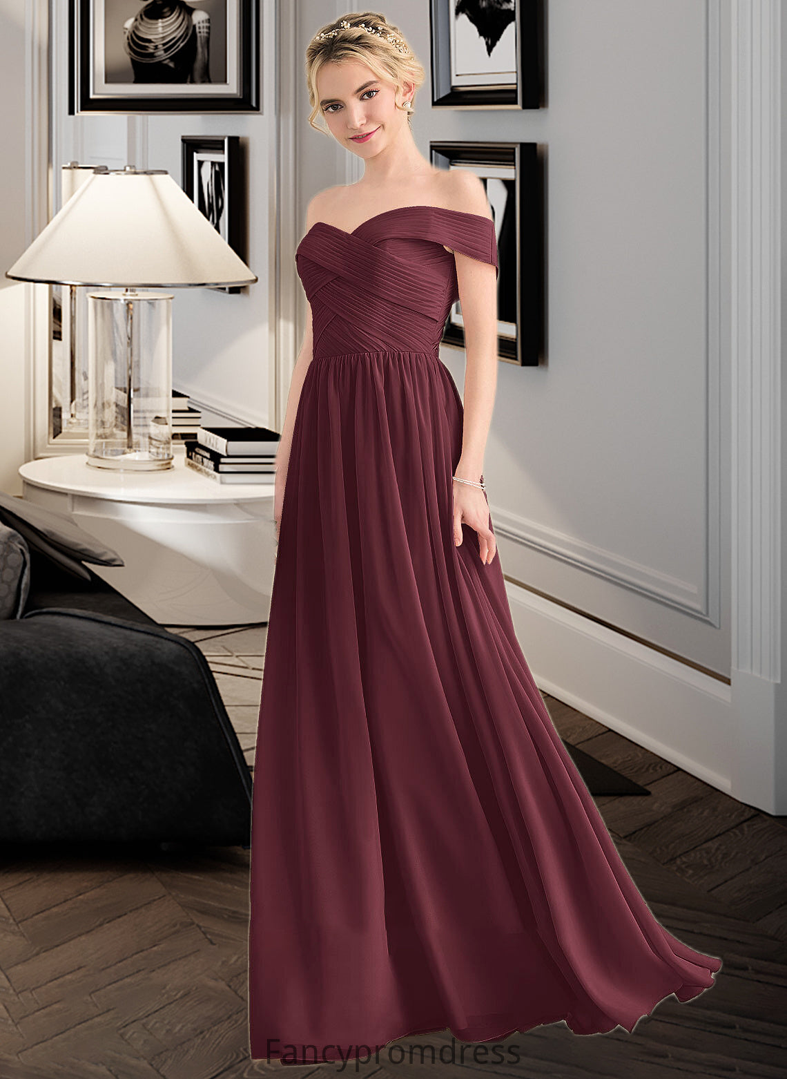 Lily A-Line Off-the-Shoulder Floor-Length Chiffon Bridesmaid Dress With Ruffle DRP0013190