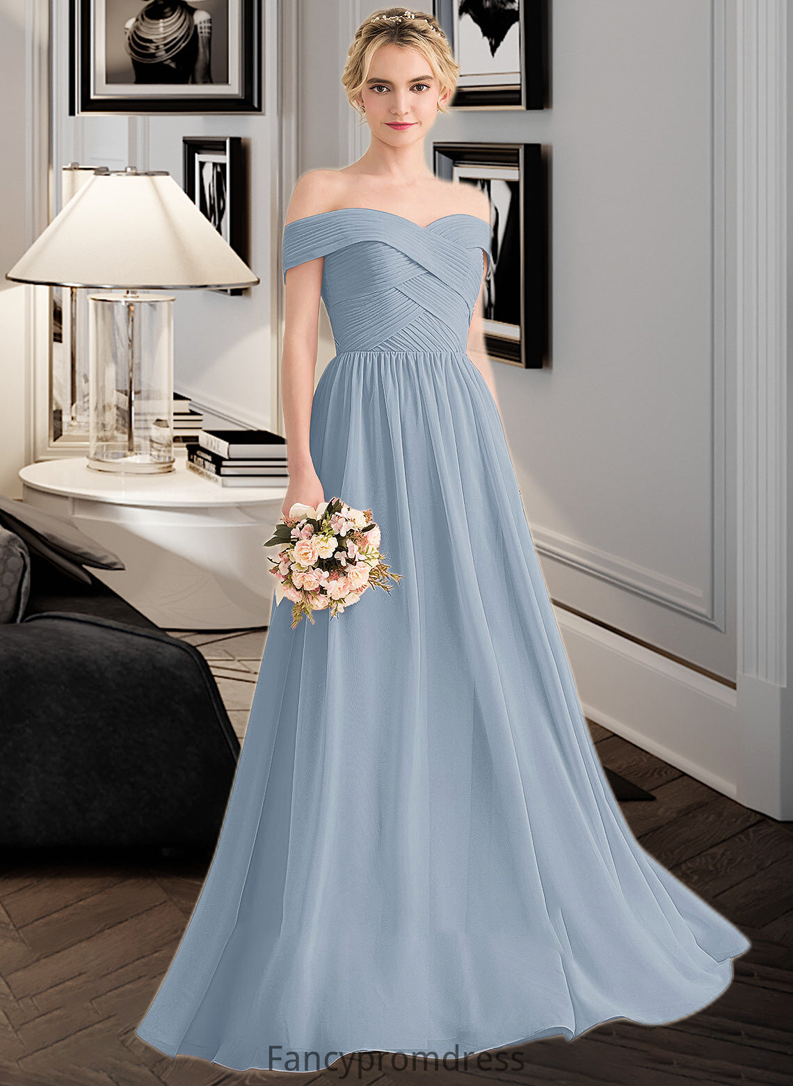 Lily A-Line Off-the-Shoulder Floor-Length Chiffon Bridesmaid Dress With Ruffle DRP0013190